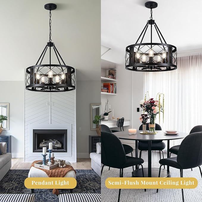 5-Light Farmhouse Chandelier 19.8" Black Rustic Chandelier for Dining Room Wood Texture Adjustable Pendant Light Fixture for Kitchen Island Entryway Bedroom Hallway
