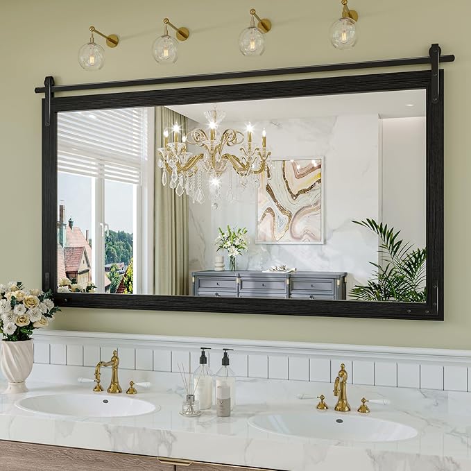 Farmhouse Bathroom Mirror, 60x36 Inch Black Vanity Mirror for Wall, Wood Framed Rustic Mirror Rectangular Wall Decor Mirrors for Entryway Living Room Bedroom