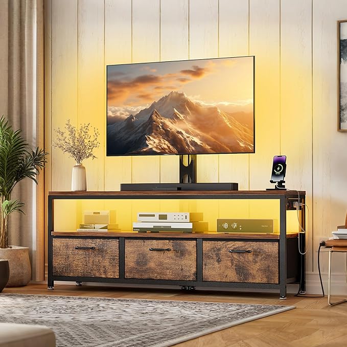 JUSTOGO TV Stand with Mount and Power Outlet, TV Stand with Drawers Storage for Living Room Bedroom, LED Entertainment Center for 45/55/60/65 inch, Height Adjustable Media Console, Rustic Brown