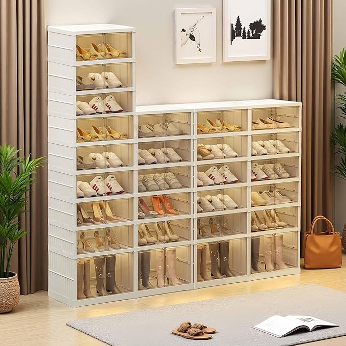 Foldable Shoe Rack Organizer for Closet 9 Tier-18 Pairs Stackable Shoe Storage Cabinet, Collapsible Sneaker Shelf with Doors, Shoe Organizer with Lids Large for Living Room, Entryway