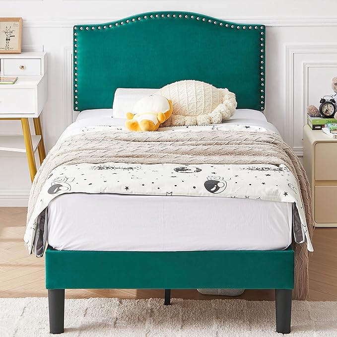 VECELO Twin Bed Frame, Platform Bed Frame with Adjustable Height Upholstered Headboard, Heavy-Duty Frame and Strong Wooden Slats Support, Non-Slip and Noise-Free, Easy Assembly, Dark Green