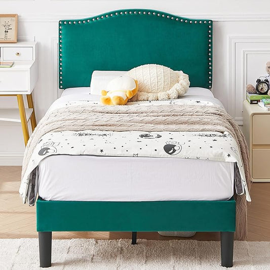 VECELO Twin Bed Frame, Platform Bed Frame with Adjustable Height Upholstered Headboard, Heavy-Duty Frame and Strong Wooden Slats Support, Non-Slip and Noise-Free, Easy Assembly, Dark Green