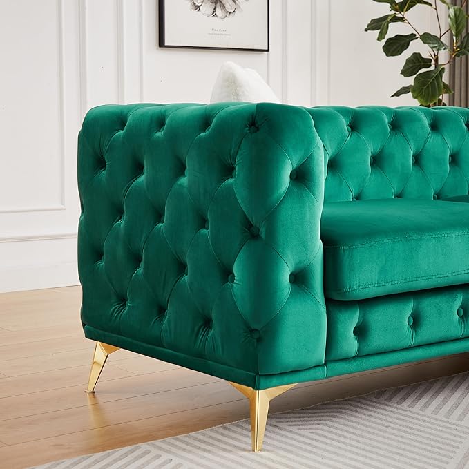KEIKI 61" Luxury Oversized Velvet Chesterfield Sofa with 2 Pillows, Mid-Century Style 2-Seater Tufted Buttons Couch with High-Density Foam Cushions, Easy Assembly, for Apartment, Living Room, Green