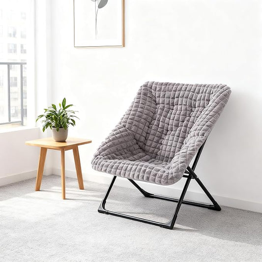HollyHOME X-Large Saucer Chair, Comfy Oversized Folding Chair, Faux-Fur Reading Chair for Teens, Adults, Foldable Accent Lazy Chair, Metal Lounge Chair for Living Room, Bedroom, Dorm, Grid Blue&Grey