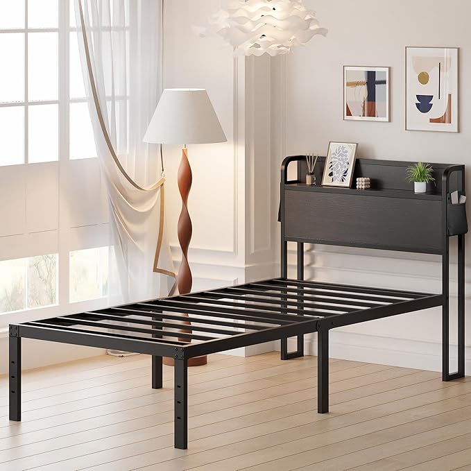 16 Inch Twin XL Bed Frames with Headboard, Metal Bed Frame Twin XL Storage Wood Headboard No Box Spring Needed, Noise Free, Black