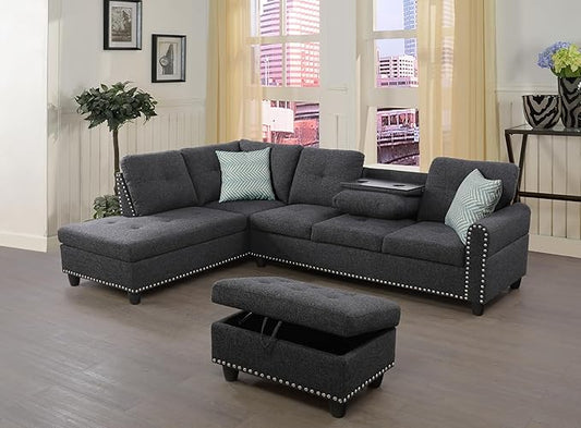 Favfurish 98" Left Hand Facing Sofa with Ottoman and Manufactured Wood Frame,L-Shaped Design Sectional Chaise W/Rounded Arms & Nailhead Trim,for Living Room,Office,Apartment,Charcoal Grey