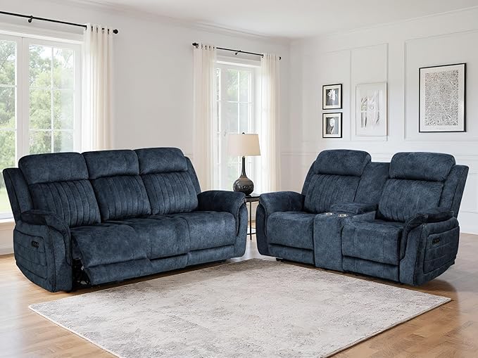 Zero Gravity Power Reclining Sofa Set, 3-Seater Reclining Couch with Drop Down Table + 2-Seater Power Loveseat Recliner with Console, Adjustable Headrests, Living Room Furniture (Velvet, Blue)