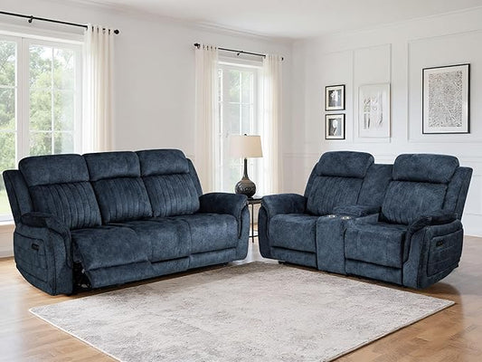 Zero Gravity Power Reclining Sofa Set, 3-Seater Reclining Couch with Drop Down Table + 2-Seater Power Loveseat Recliner with Console, Adjustable Headrests, Living Room Furniture (Velvet, Blue)