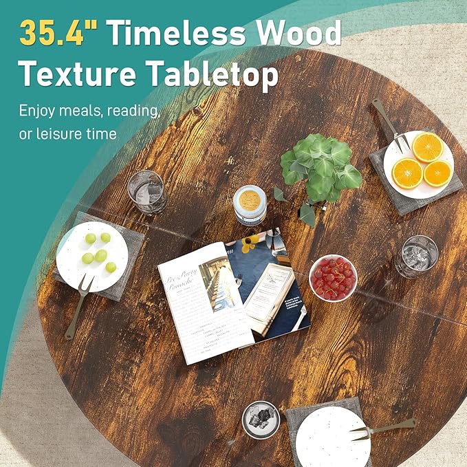 Karl home 35.4in Small Dining Table, Round Dining Table with Wood Finish Wing-Shaped Steel Legs, Circle Dinner Tables for Small Space, Apartment, Office, Kitchen, for 2 to 4 Person-Rustic Brown