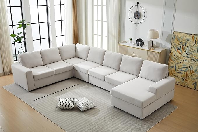 Ball & Cast 147" L-Shaped Sectional Couch for Living Room with Reversible Chaise & Removable Back Cushions,7 Seat Linen Upholstered Convertible Sectional Sofa Set,DIY Combination,for Home,Office,Beige