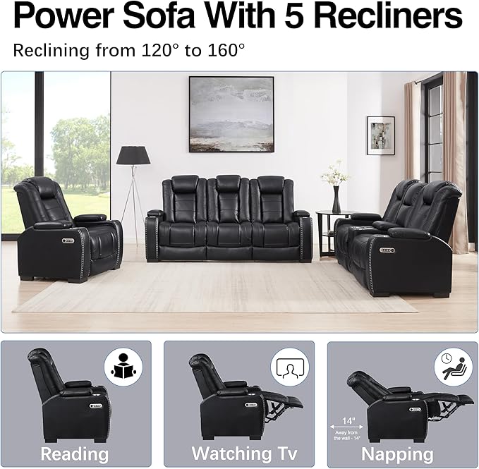 THSUPER Power Black Leather Recliner Sofa for Living Room Furniture Sets with Arm Storage and Power Headrest, Leather Living Room Reclining Couch Set with Wireless Charge and Bluetooth Speaker. | LED ambient light, Reading light, Hidden outlet, USB and...