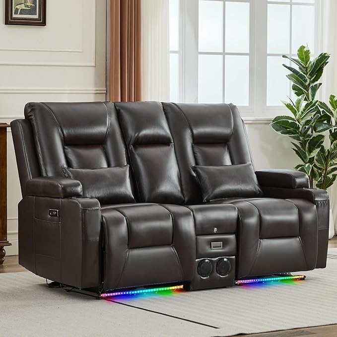URRED Power Loveseat Recliner Sofa with Console, Wall Hugger Reclining Loveseat RV Couch with LED Light, 150° Zero Gravity Recliners Modular Couches for Living Room (Glossy Brown, 68.1'' - 2 Seats)