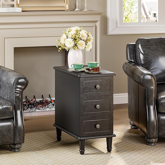 LITTLE TREE Fully Assembled End Table, Set of 2, Narrow Bedside Table with 3 Drawers, Vintage Nightstand for Small Spaces, Living Room, Bedroom, Black