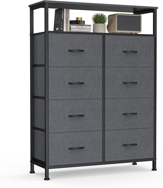 DUMOS Fabric Dresser for Bedroom with 8 Drawers, Tall 8-Drawer Chest of Drawers with Raised Shelf, Storage Tower with Fabric Bins for Closet Organization, Hallway Storage, Grey