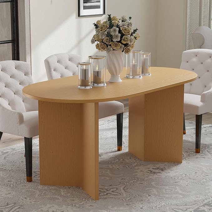 Casaphoria 67" Oval Dining Table, Modern Minimalist Wooden Kitchen Table with Sturdy V-Shaped Pedestal Base, Curved Edges Space-Saving Furniture for Dining Room & Living Space, Natural Wood