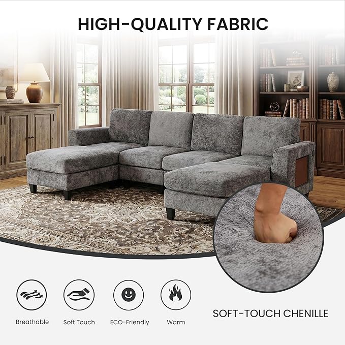 MALOL 118" Sectional U-Shaped Cloud Couch, Modular Modern 4-Seat Sofa, with USB Type C Ports, Foldable Side Table and 2 Ottomans, for Home Living Room, Grey