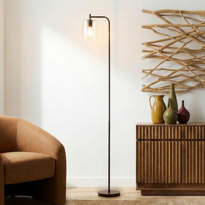 Brightech Elizabeth LED Floor lamp, Tall Lamp with Glass Shade & Edison Bulb, Industrial Lamp for Living Rooms & Offices, Vintage Standing Lamp for Bedroom in Farmhouse or Rustic Style - Bronze