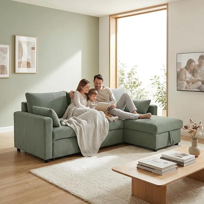 Sectional Sleeper Sofa with Pull Out Bed, LShape Convertible Sofa Bed Couch with Storage Chaise, 3 in 1 Pull Out Sofa Bed with 3 Seats, for Living Room,Apartment, Green, 85Inch