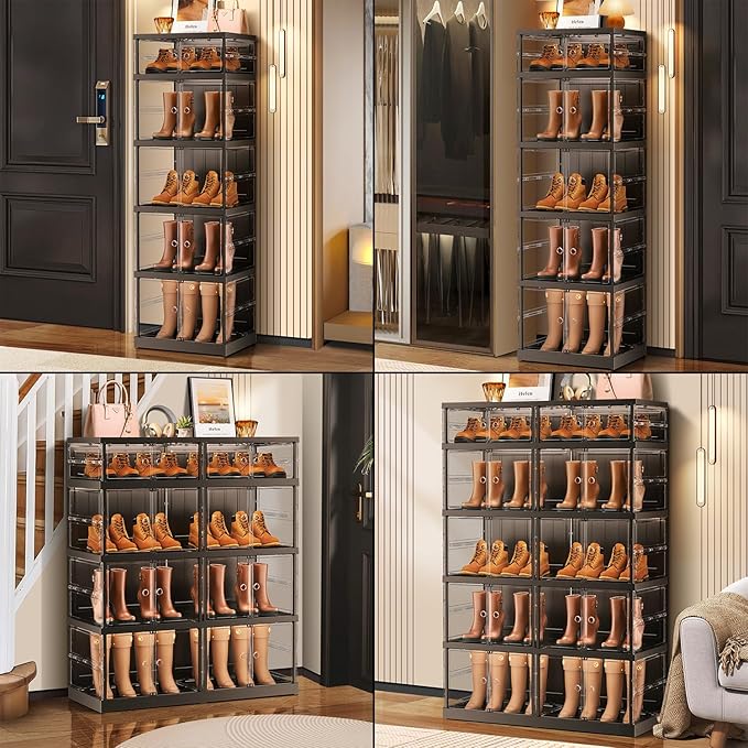 5-Tier Foldable Shoe Rack for Closet Entryway 5-10Pairs,Stackable Clear Shoe Storage Boxes Organizer with Door Plastic Shoe Cabinet Bins with Lids Shoes Shelf Easy Assembly Large Black