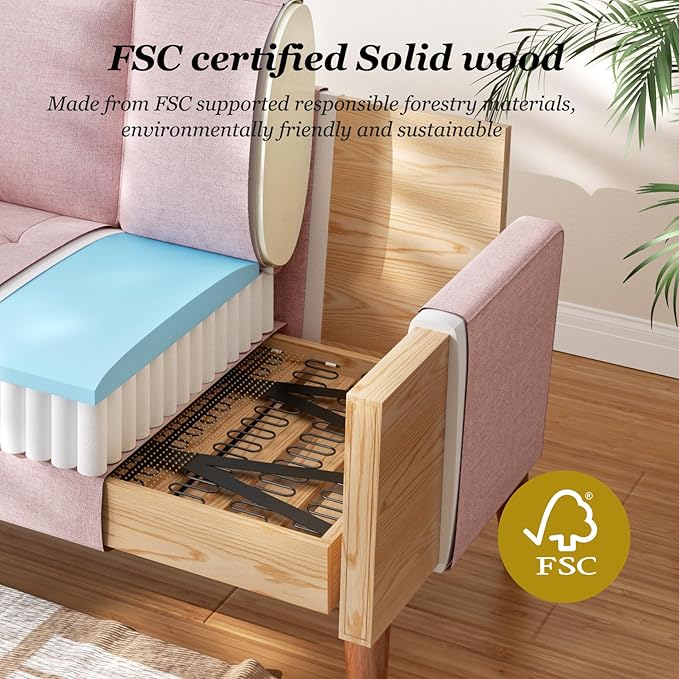 Vesgantti Loveseat Sofa with Solid Wood Legs, 48" Small Couches for Small Spaces, Love Seat for Living Room, Bedroom, Easy Assembly Mid Century Modern Couch with Throw Pillow for Apartment, Pink