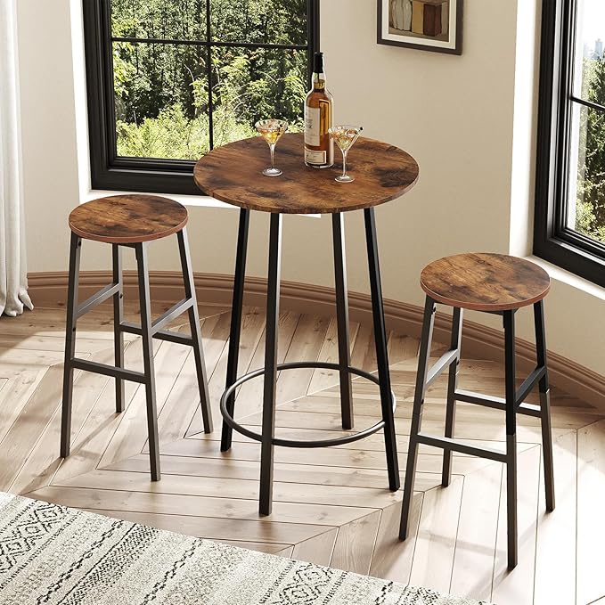 Bar Stools, Set of 2 Round Bar Chairs with Footrest, 28 Inch Kitchen Breakfast Bar Chairs, Industrial Bar Stools, Easy Assembly, for Dining Room, Kitchen, Rustic Brown BAHR02701 (Pack of 3)