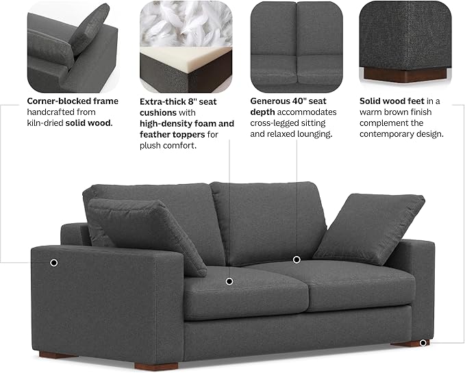 SIMPLIHOME Charlie Sofa in 100% Recycled Polyester Tightly Woven Performance Fabric, Pebble Grey, 78-inches Wide, Handcrafted Contemporary Style Loveseat Sofa or Couch for Living Room