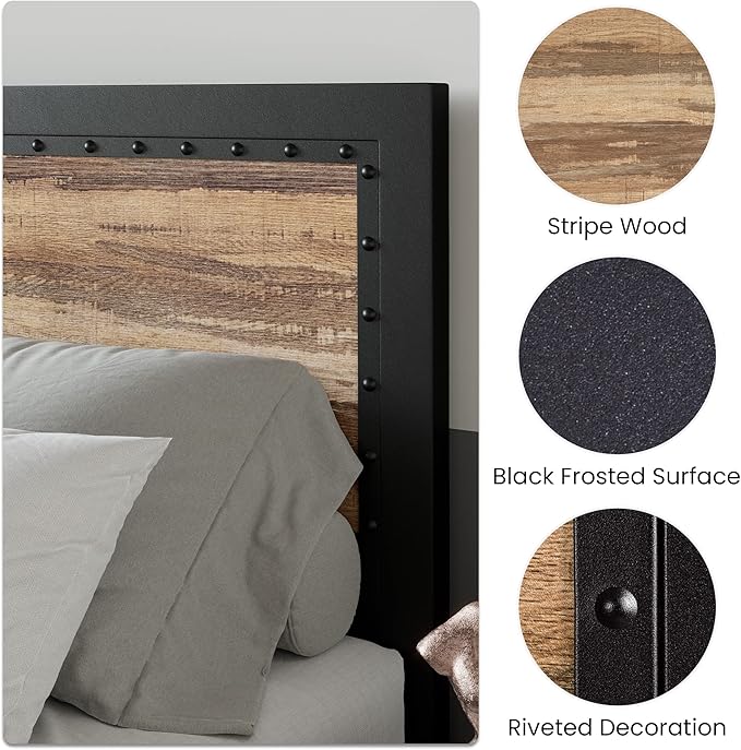 SHA CERLIN Heavy Duty Metal Bed Frame Queen Size, Platform Base with Wooden Headboard Footboard, 13 Strong Slats Support, No Box Spring Needed, Mattress Foundation, Easy Assembly