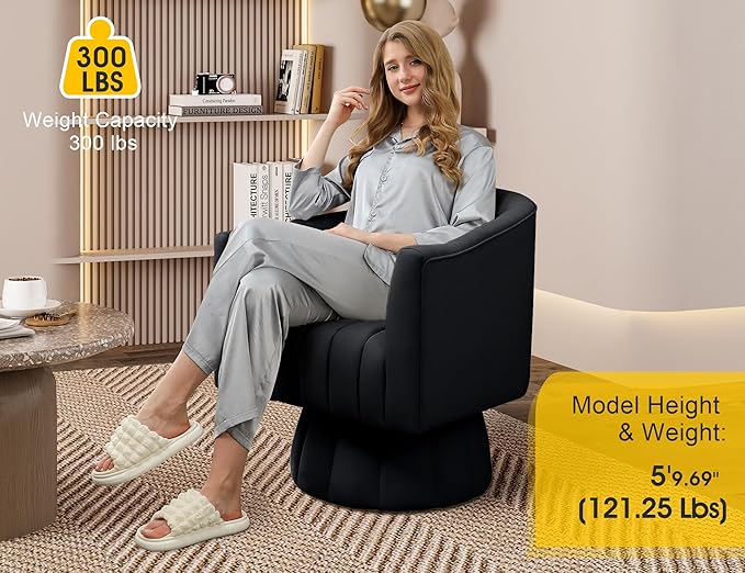 Mid Century 360 Degree Swivel Cuddle Barrel Accent Sofa Chairs, Round Armchairs with Wide Upholstered, Fluffy Velvet Fabric Chair for Living Room, Bedroom, Office, Waiting Rooms, (Black)