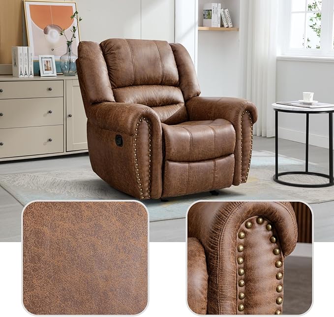 EBELLO Faux Leather Manual Recliner Chair, Classic Single Reclining Chair with Comfortable Armrest and Backrest, Furniture for Living Room, Bedroom, Brown