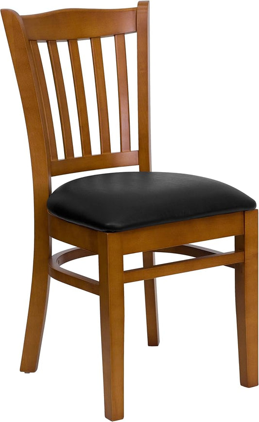 Flash Furniture HERCULES Series Vertical Slat Back Cherry Wood Restaurant Chair - Black Vinyl Seat