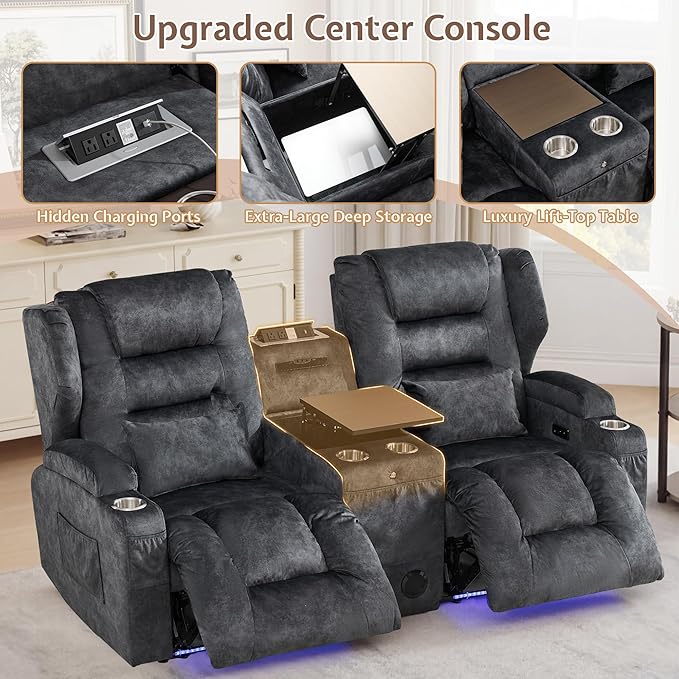 SAMERY Loveseat Recliner Sofa, Power Reclining Loveseat Sofa, Wall Hugger Recliners RV Couch with Console, Lift-Top Table, Rhythm & Ambient LED Lights, USB-C, Outlets, Velvet, Gray | Extra Wide Seat, Plush Padding, Dual Power Recline, Lift-Up Table, Am...