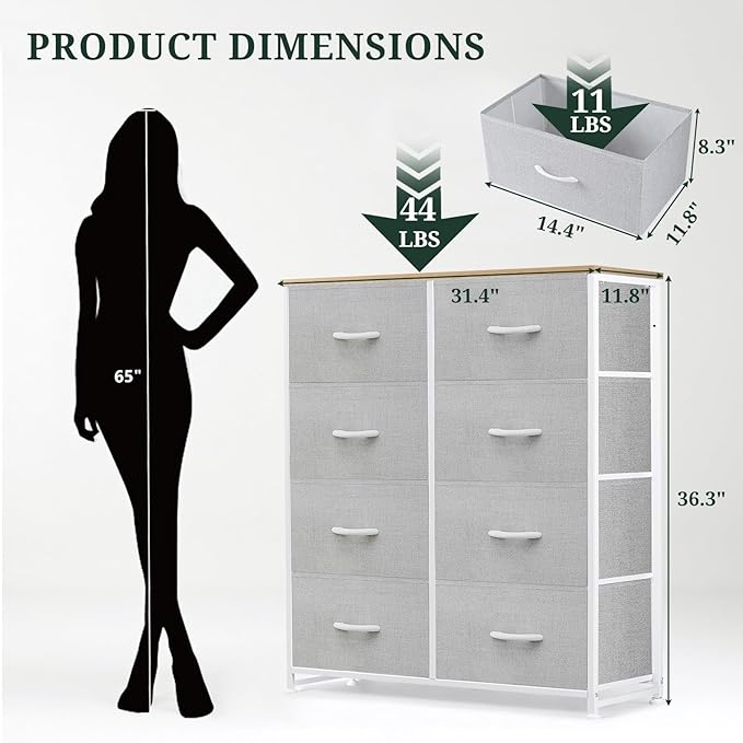 8-Drawer Dresser for Bedroom, Anti-Tip Tall Storage Organizer Chest of Drawers with Wooden Top and Metal Frame Fabric Bins for Closet, Living Room, Hallway, Entryway, Light Gray
