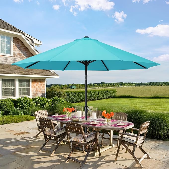 MASTERCANOPY 10FT Patio Umbrella with Push Button Tilt and Crank, Outdoor Market Umbrella with 8 Sturdy Ribs, UV Protection & Waterproof for Garden, Deck, Backyard, Pool (Turquoise)
