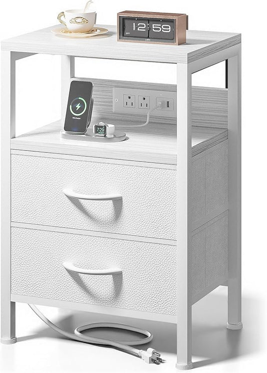NightStand Bedside Charging Table Bedroom - Night Stand with Charger Station, White Modern Bed Side End Table with Open Shelf & 2 Fabric Drawers, USB-C Port & AC Outlets for Dorm, Living Room