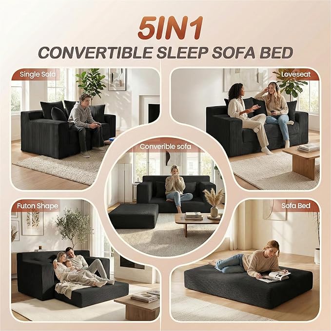 Convertible 5 in 1 Futon Sofa Bed Full Size, Corduroy Boneless Couch Sleeper Sofa with 4 Pillows, Foldable Pull Out Loveseat Floor Mattress for Living Room, Apartment, Small Space & Dorm