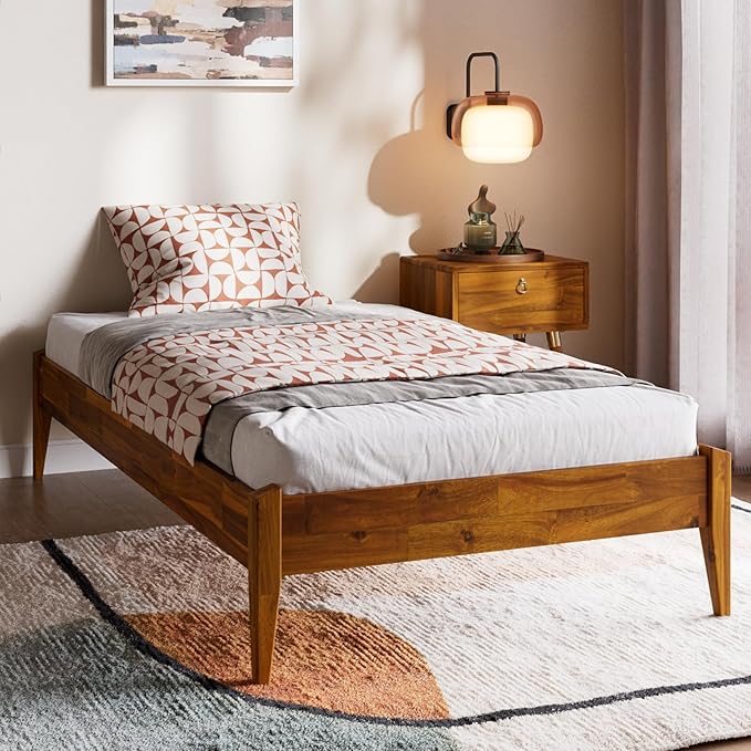 Bme Dinkee Twin Bed Frames without Headboard, Acacia Wood 15 Inch Platform Bed, Slat Support, Japanese Joinery Bed, No Box Spring Needed, Easy Assembly, Minimalist Modern and Bohemian Style, Caramel