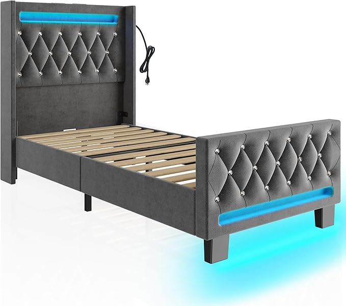 Rolanstar Twin Bed Frame with LED Light and Charging Station, Upholstered High Headboard and Footboard, Wood Slats, Noise Free, Easy Assembly, Grey