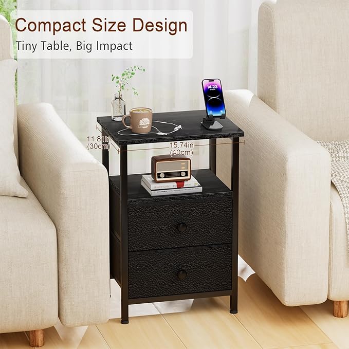 Night Stand for Bedroom, Nightstand with 2 Fabric Drawers, Small Bed Side Table Table with Open Storage Shelf for Living Room, Black, HETS002BK-1