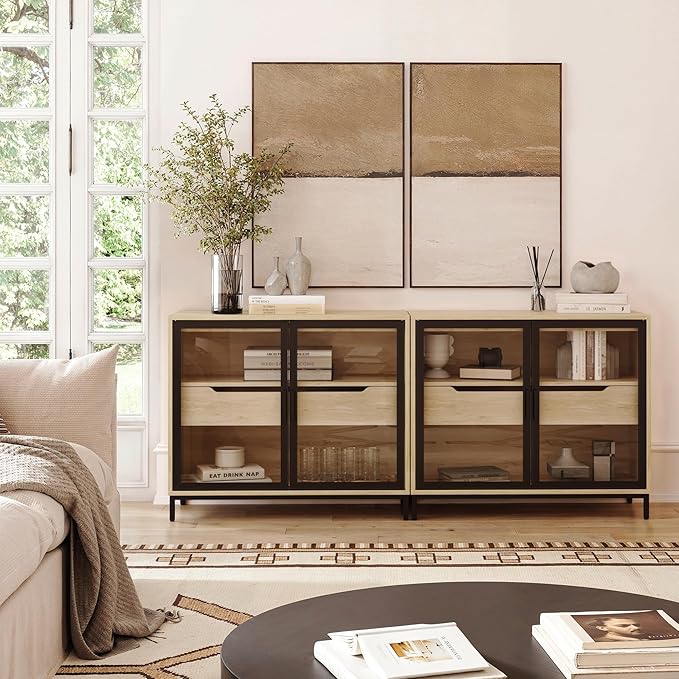 Nathan James Mackenna Metal and Glass Sideboard Accent Cabinet with Two Doors, Oak Credenza for Kitchen or Living Room Set of 2