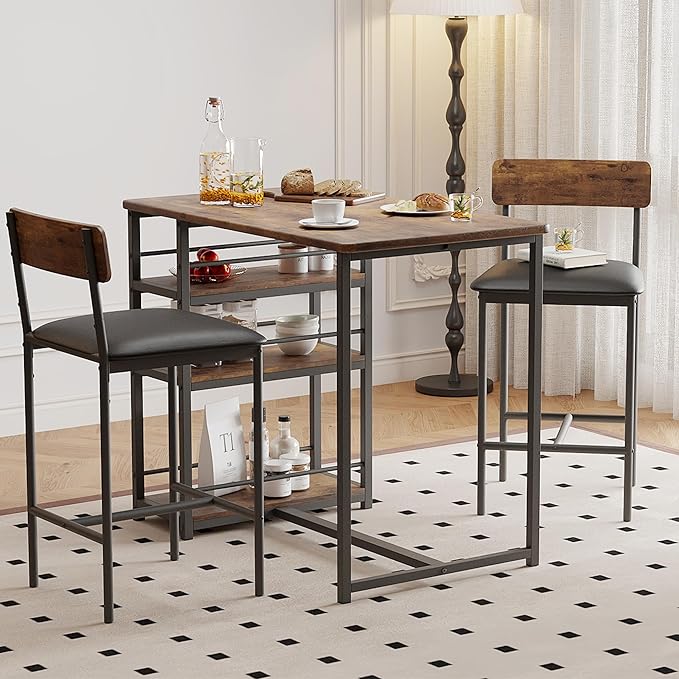 GAOMON Dining Table Set for 2, Counter Height Kitchen Table and Chairs, Bar Table Set with 2 Upholstered Bar Stools, 3 Piece Dining Room Table Set for Small Space, Apartment, Retro Brown
