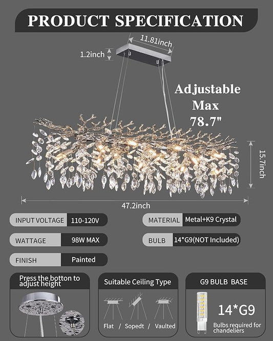 Modern Tree Branch Crystal Chandelier Luxury Silver Crystal Pendant Lighting 47.2" Contemporary 14-Light Chandeliers for Dining Room Kitchen Bedroom Living Room
