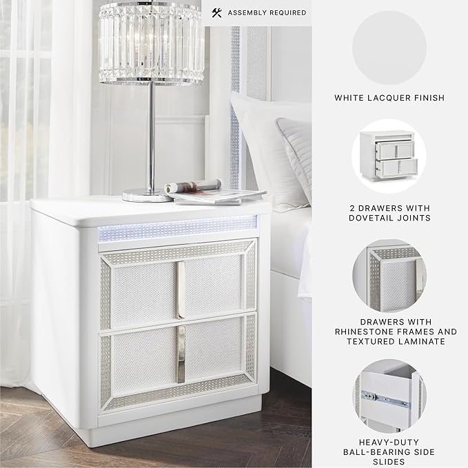Signature Design by Ashley Chalanna Glam 2 Drawer Nightstand with Felt-Lined Top Drawer, LED Lights, Power Supply and USB Ports, 26.75" Tall, White