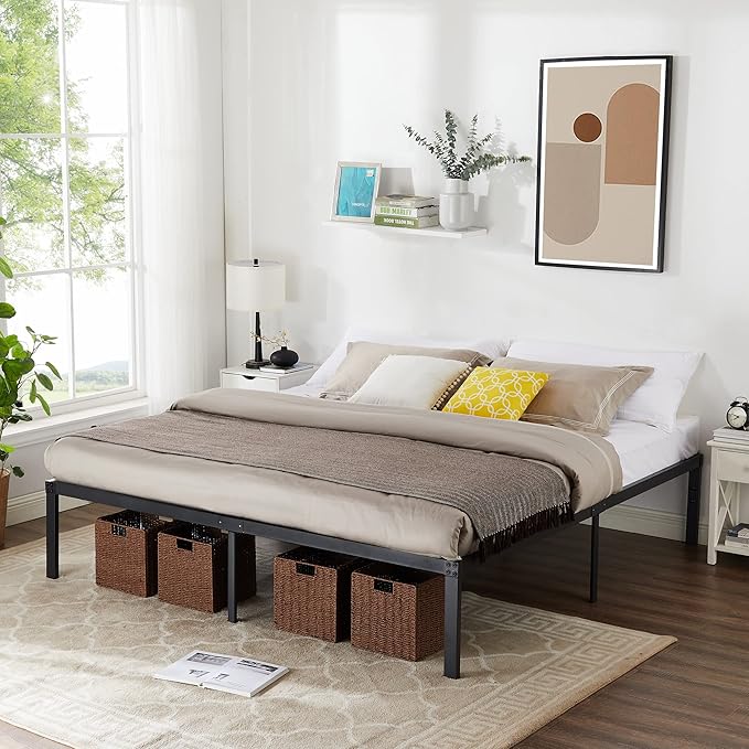 VECELO 16" King Size Metal Platform Tall Bed Frame,Heavy Duty Steel Slat/Easy Assembly Mattress Foundation/No Box Spring Needed
