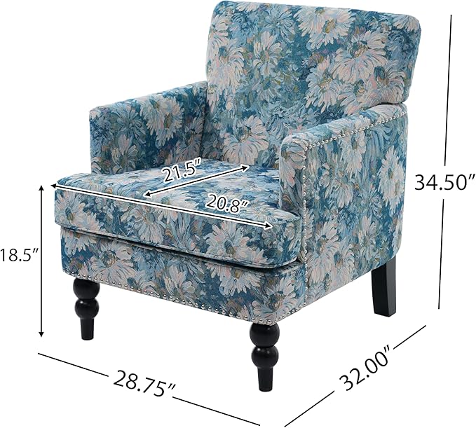 Christopher Knight Home Eve Modern Upholstered Club Chair, Wooden Living Room Accent Chair, Bedroom Comfy Reading Chair, Multifunctional Armchair, Blue Floral