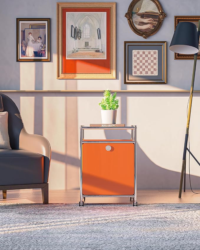 Elegant Matte Storage Cart with 22.8" Height - Perfect Side Table, Night Stand - Large Capacity with Flap Door, Detachable Wheels - Ideal for Home, Office, Bedroom, Kitchen (Orange)