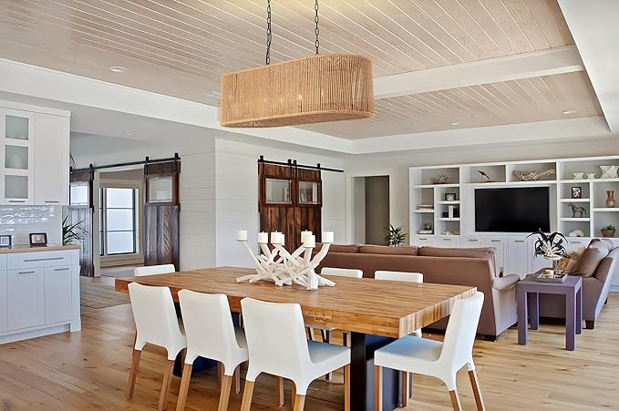 Wellmet Boho Chandelier Light Fixture 42 Inch, Farmhouse Rattan Pendant Light for Dining Room, Rustic Rectangular Chandeliers for Living Room, Bedroom, Kitchen Island (Rattan, 42 Inches)