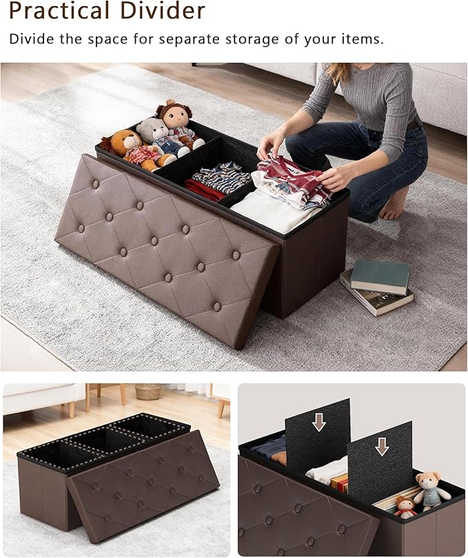 GLAXYFUR Storage Ottoman Bench, 43 Inches Folding Ottoman with 2 Dividers, PU Leather Foot Rest, End of Bed Bench, Storage Chest for Living Room, Bedroom and Entryway, Brown