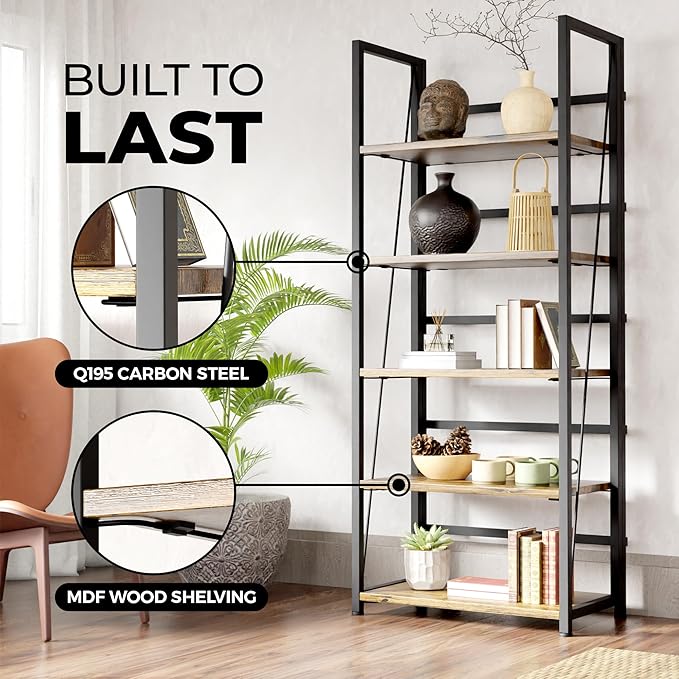 5 Tier Wood Book Shelf Organizer, No Assembly Bookshelf for Bedroom Living Room Office, Rustic Foldable Book Case, Tall Bookshelves, Open Book Shelves, Decorative Folding Shelf Display, Tall Bookcase
