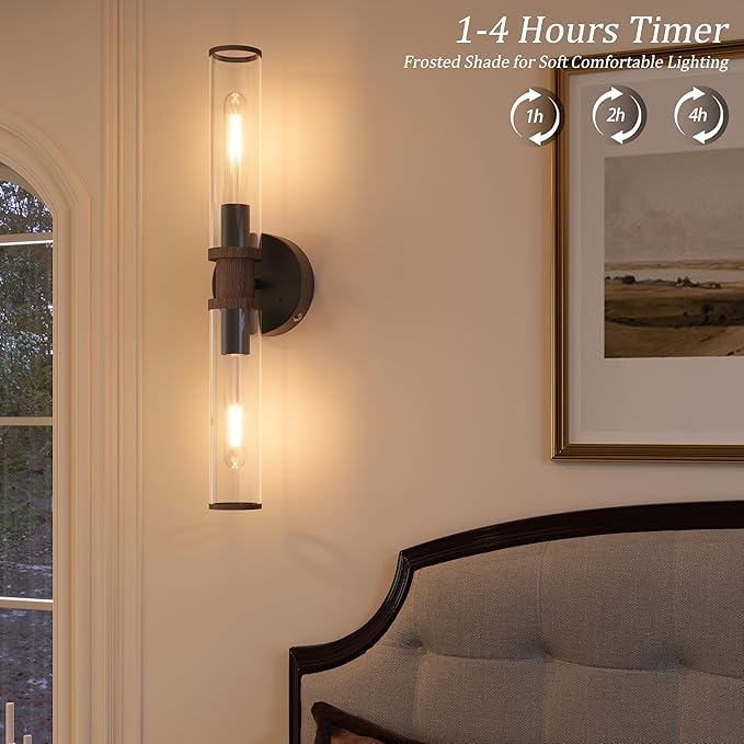 Battery Operated Wall Sconce Set of 2, Black & Walnut Rechargeable Wall Sconces, Modern Cordless Wall Lights with Remote Control, Dimmable for Living Room, Bedroom, Bathroom, Hallway, Entryway 3000K