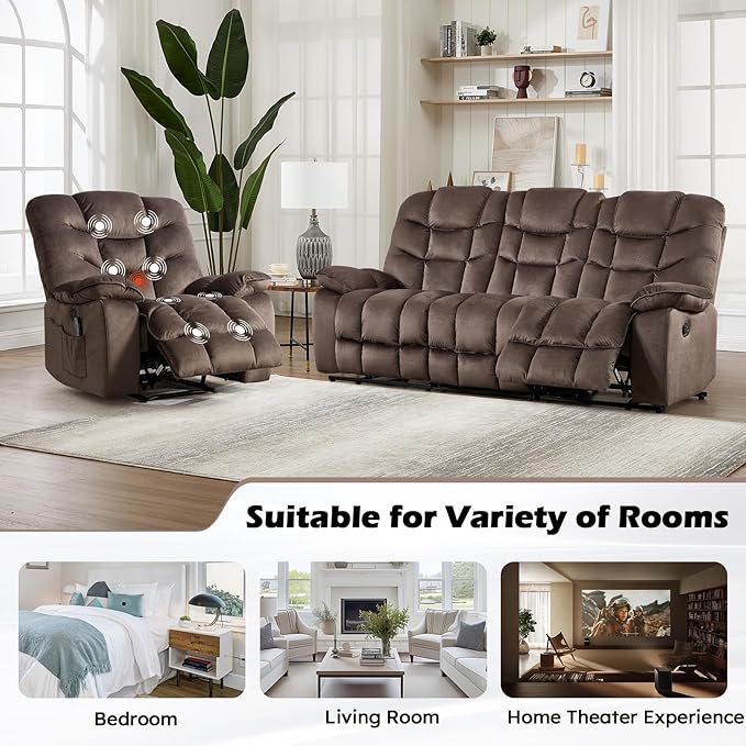 HAOMARKETS 3 Pieces Recliner Sofa Furniture Set, Include a Power Recliner Chair with Message&Heat and 2 3-Seater Reclining Couches for Living Room, Brown